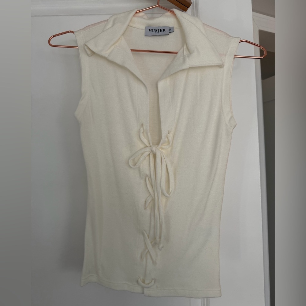 Musier Cream Sleeveless Top with Lace-Up Front